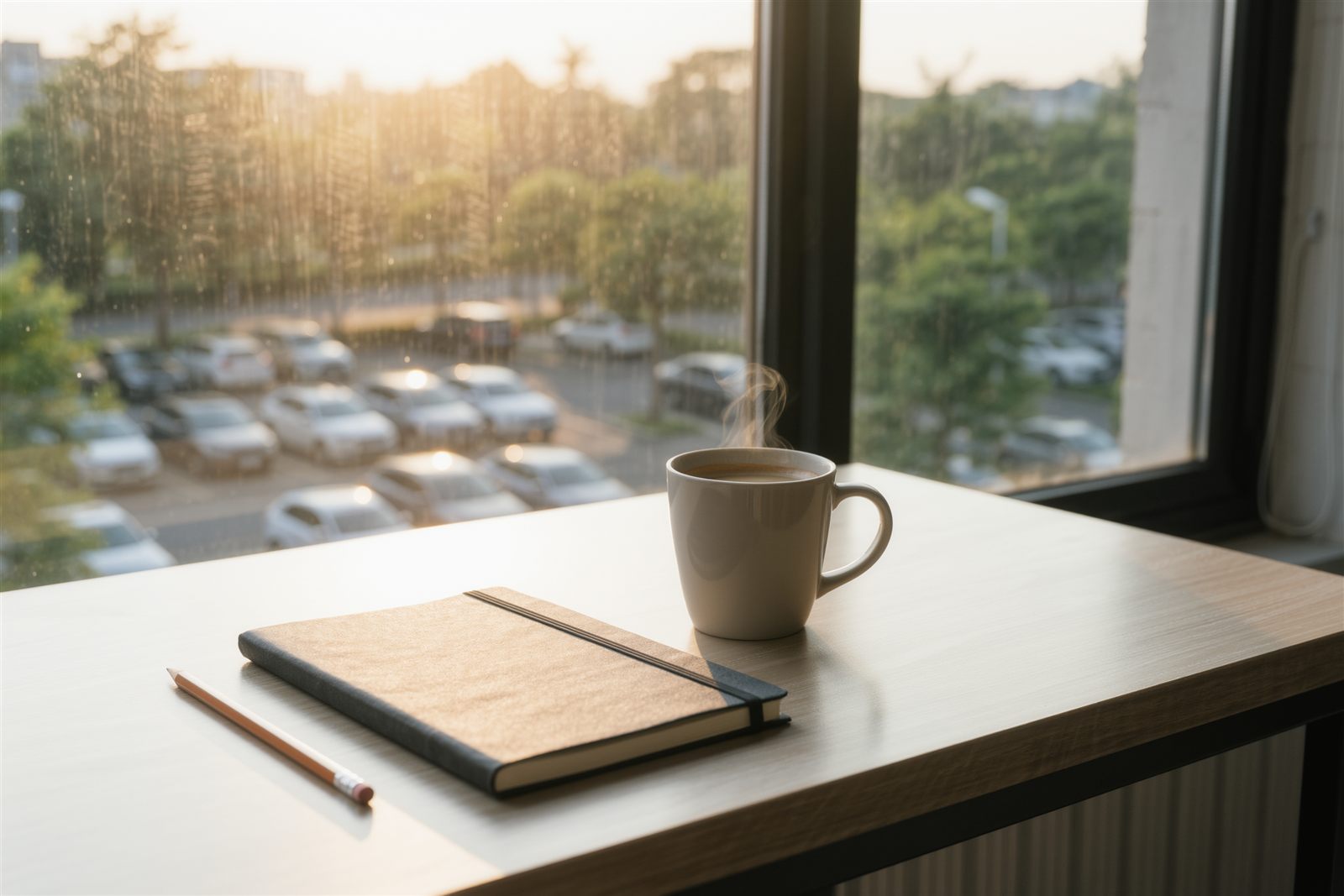 A desk beside a rain-spotted window with a closed notebook, a pencil and a steaming coffee cup above a parking lot and trees