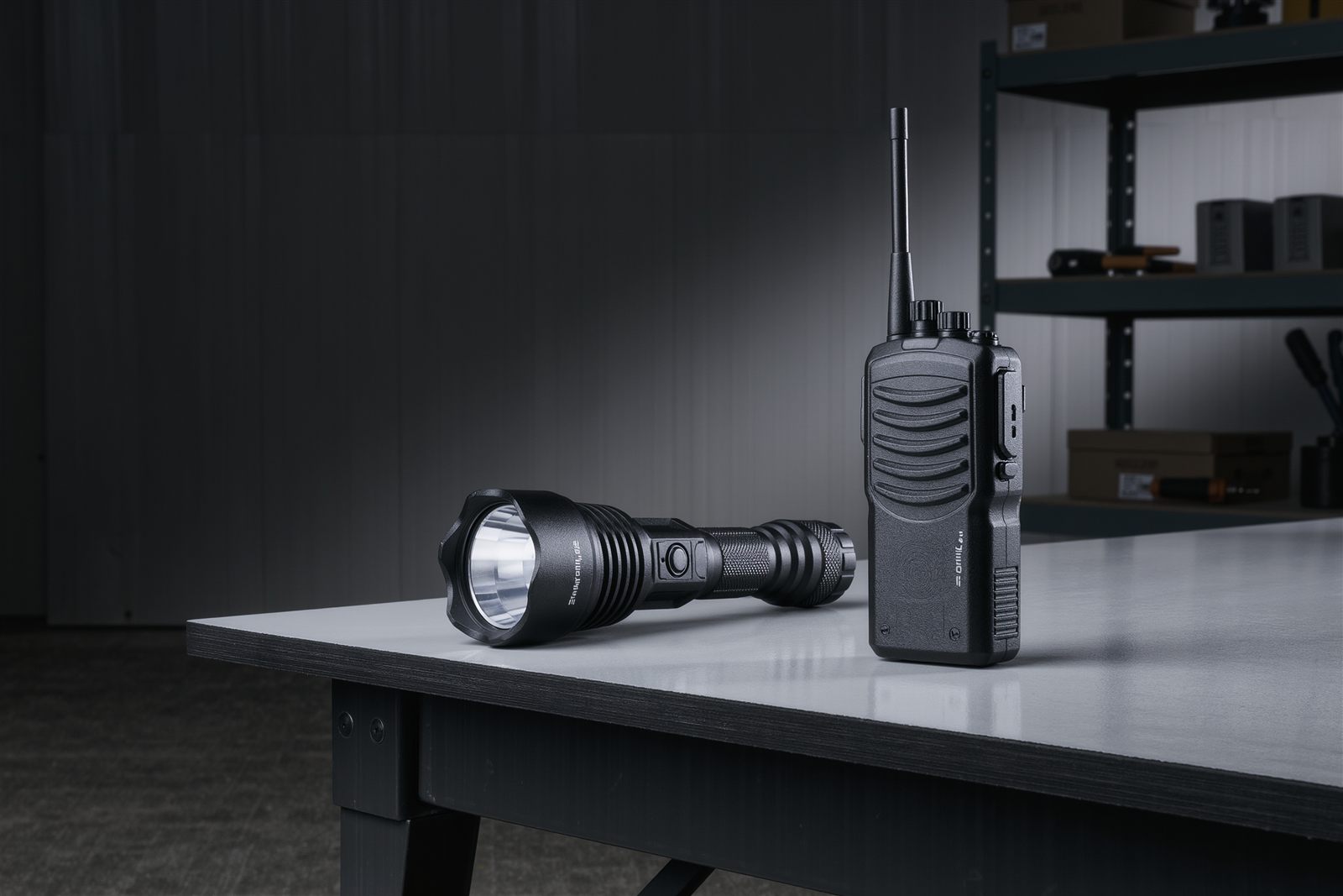A heavy black flashlight and a handheld two-way radio resting on a workbench in a plain equipment room