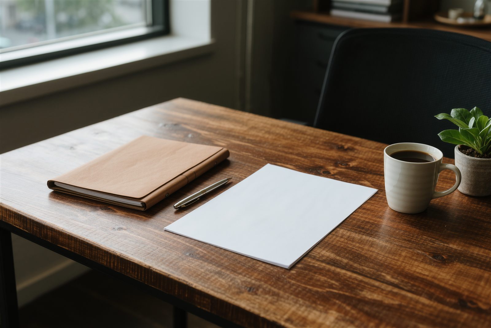 A wooden desk with a closed leather folder, a pen on a blank sheet, a coffee cup and a small plant beside an office window