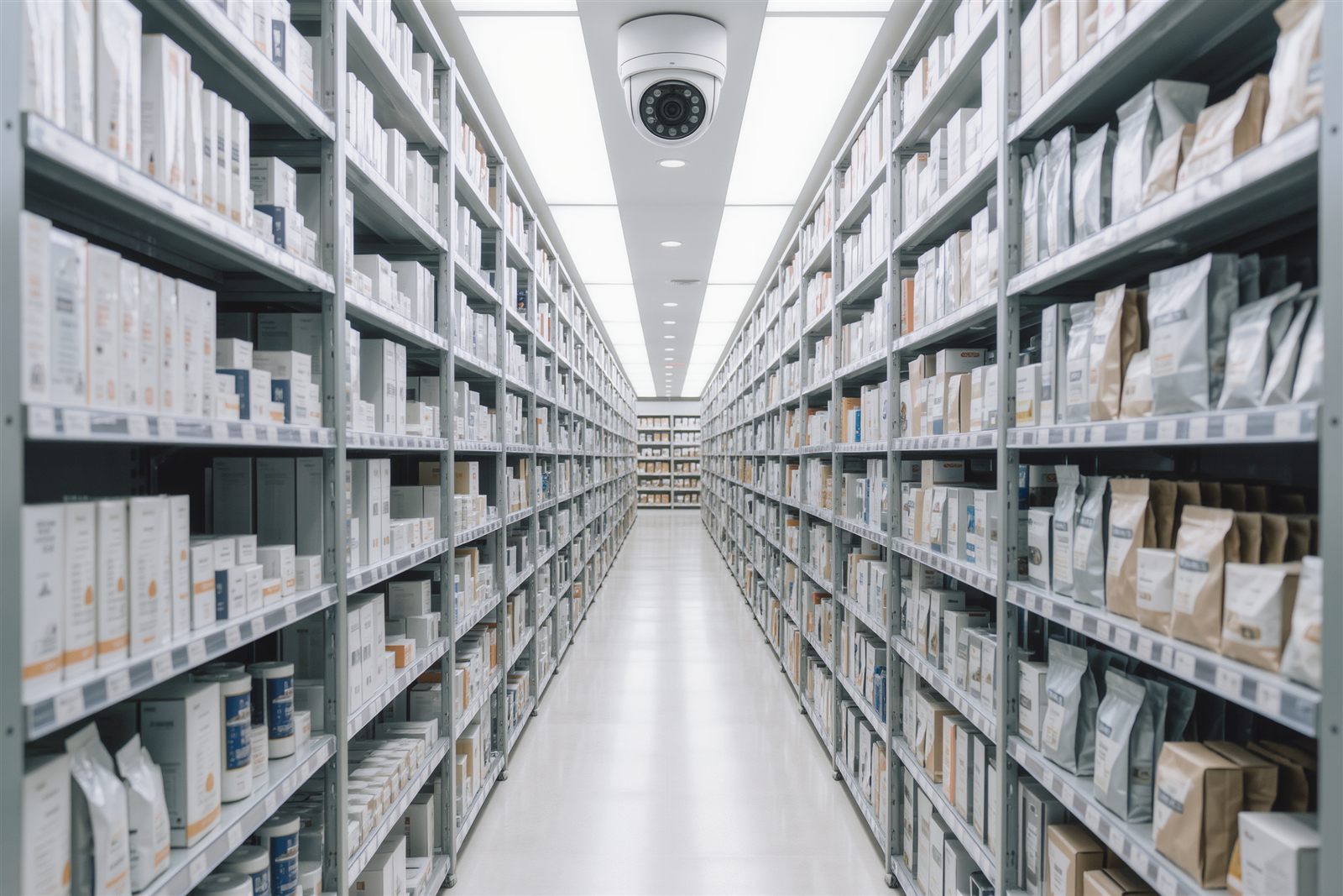 A long empty store aisle between tall shelves of boxed goods with a white dome security camera on the ceiling