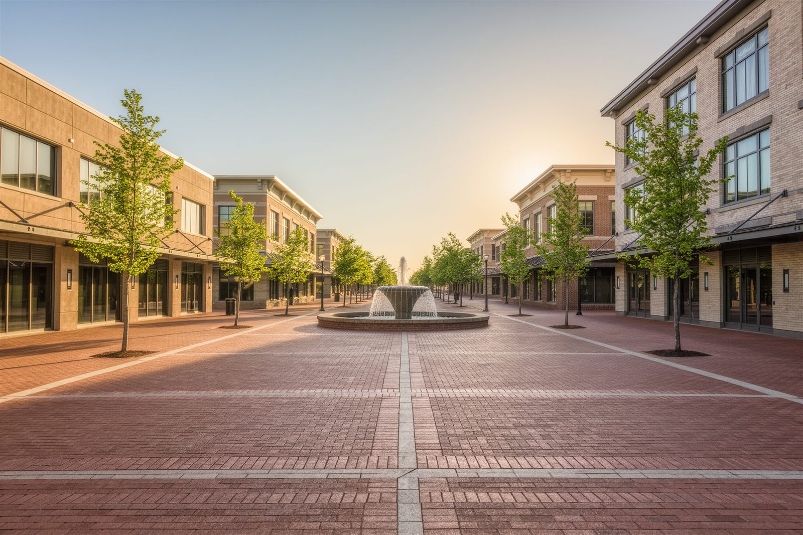 A brick paved town square plaza with a fountain, young trees and three story mixed-use buildings in late sunlight